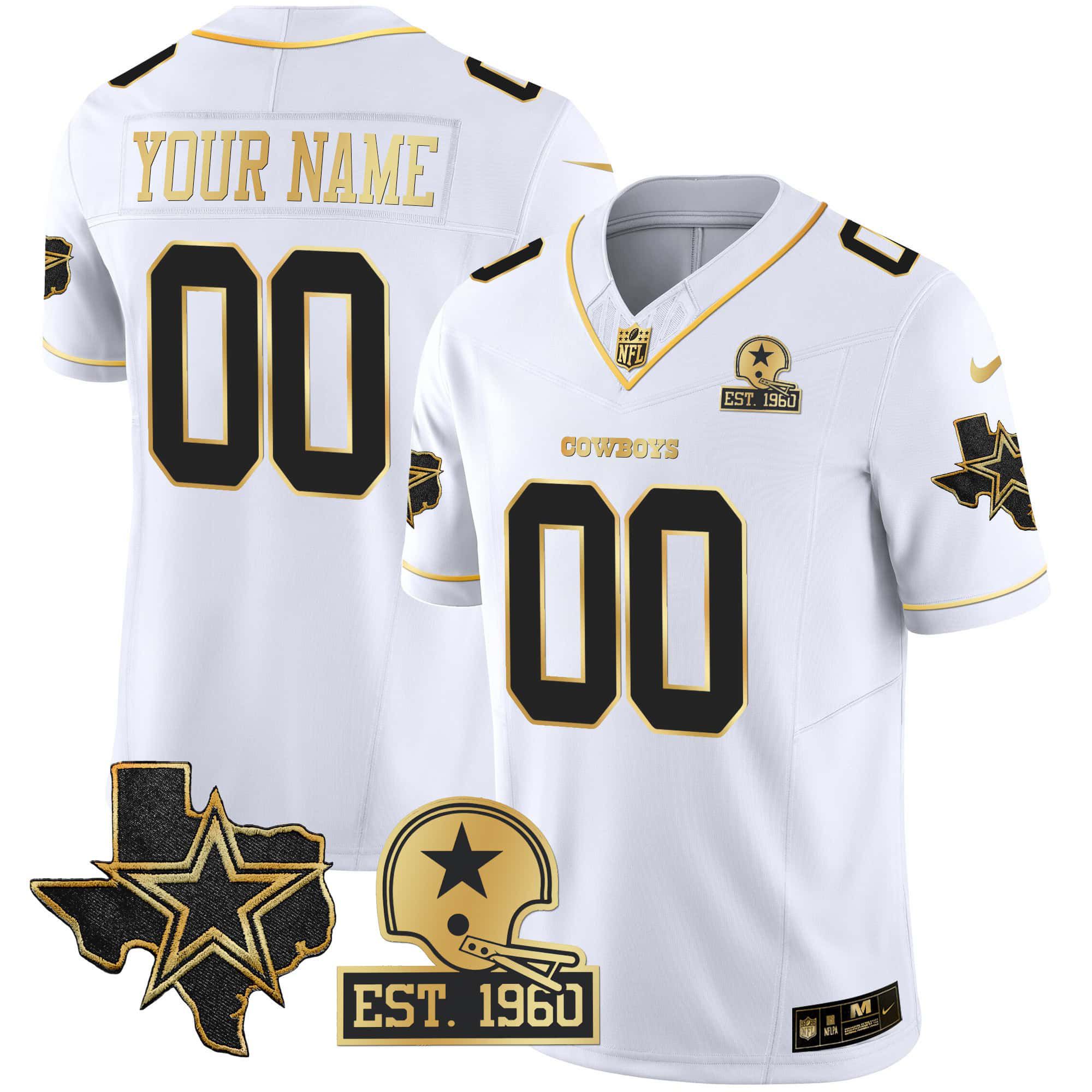 Men Dallas Cowboys White Gold 2024 Nike Patch Vapor Custom NFL Jersey->customized nfl jersey->Custom Jersey